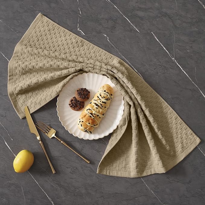 Homaxy 100% Cotton Terry Kitchen Towels(15" x 25", 12 Pack), Soft and Super Absorbent Dish Towels, 380 GSM Reusable Tea Towel with Hanging Loop, Pineapple Grid Designed, Tan