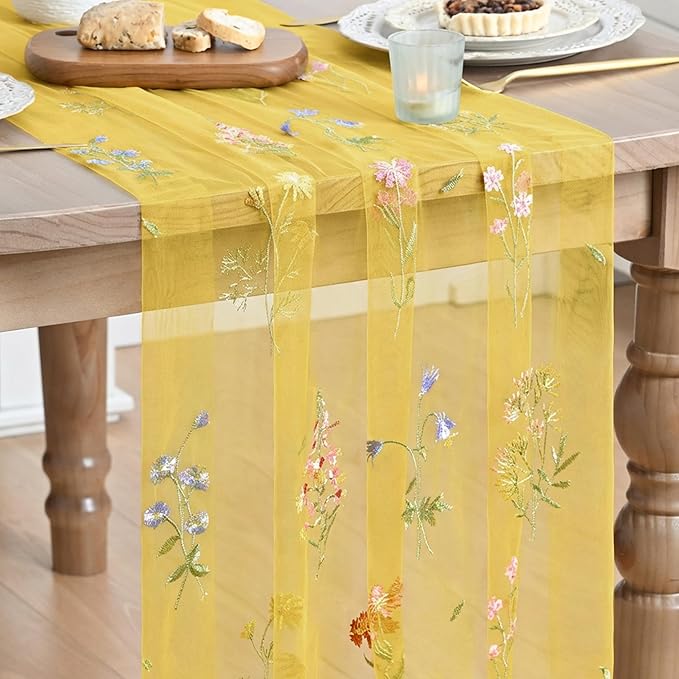 Artoid Mode Wildflower Floral Yellow Gauze Embroidery Table Runner 120 Inch 10FT, Tulle Seasonal Spring Kitchen Dining Table Decor for Home Party