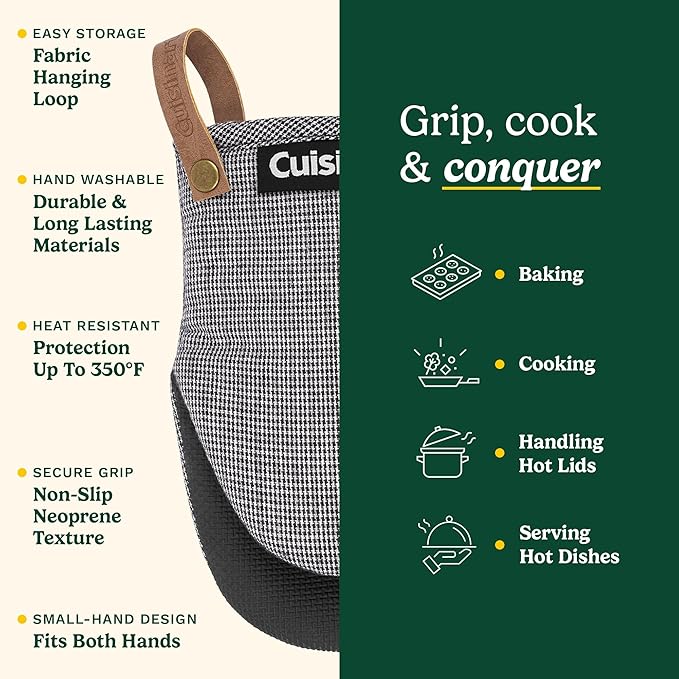 Cuisinart Heritage Mini Oven Mitts – 5.5” x 7” Heat-Resistant Kitchen Mitts for Oven with Non-Slip Neoprene Palm, Cotton Filling, and Faux Leather Loop – Durable Oven Mitt Set for Cooking & Baking