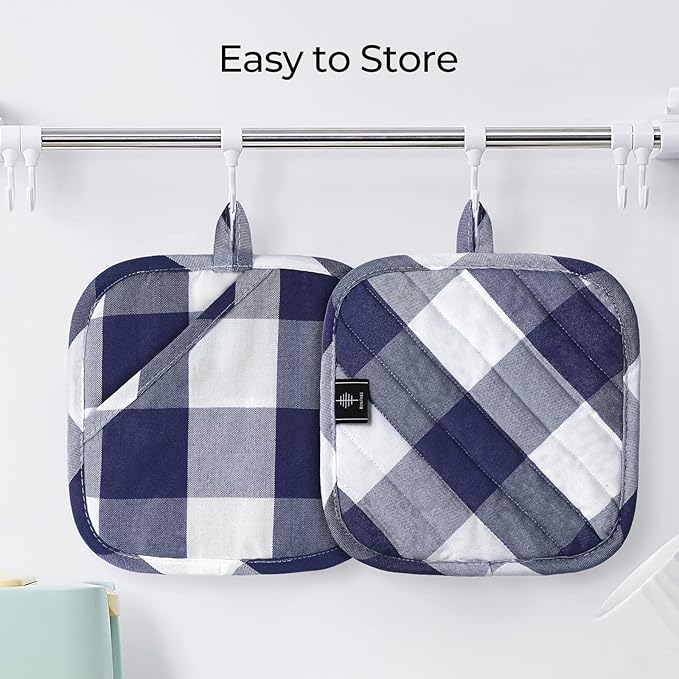 Cotton Pot Holders for Kitchen Heat Resistant Potholder, Hot Pads, Trivet Coaster Non-Slip Potholders Set for Cooking and Baking (2, Blue Plaid, Square，8.27 in²)
