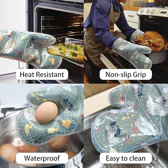 Oven Mitts Set of 2 with Transparent Clear Silicone Shell and Nice Duck Printing Cotton Lining, Heat Resistant to 500 F Kitchen Oven Gloves Pot Holder for Cooking (Wathet Blue, Oven Mitts)