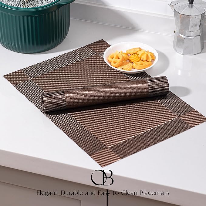 Placemats Set of 8 - Easy Clean Woven Vinyl Placemats for Dining Table, Indoor/Outdoor Place Mats, Washable PVC Table Mats（Brown Cube）