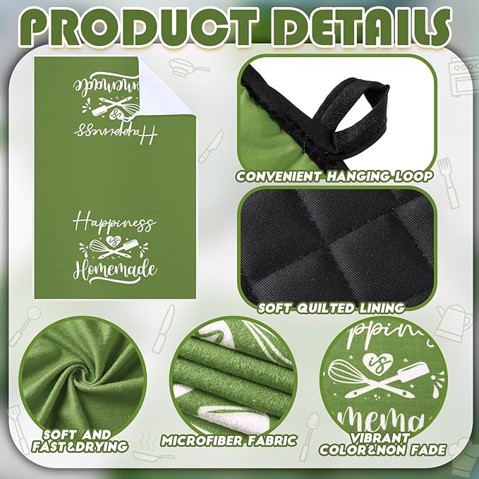 Sratte 6 Pcs Kitchen Decor Accessories Set Farmhouse Towels Pot Holders Oven Mitts Set 2 Dish Towels 2 Potholders 2 Cooking Mittens Oven Glove for Christmas Baking Cooking(Avocado Green,Kitchen)