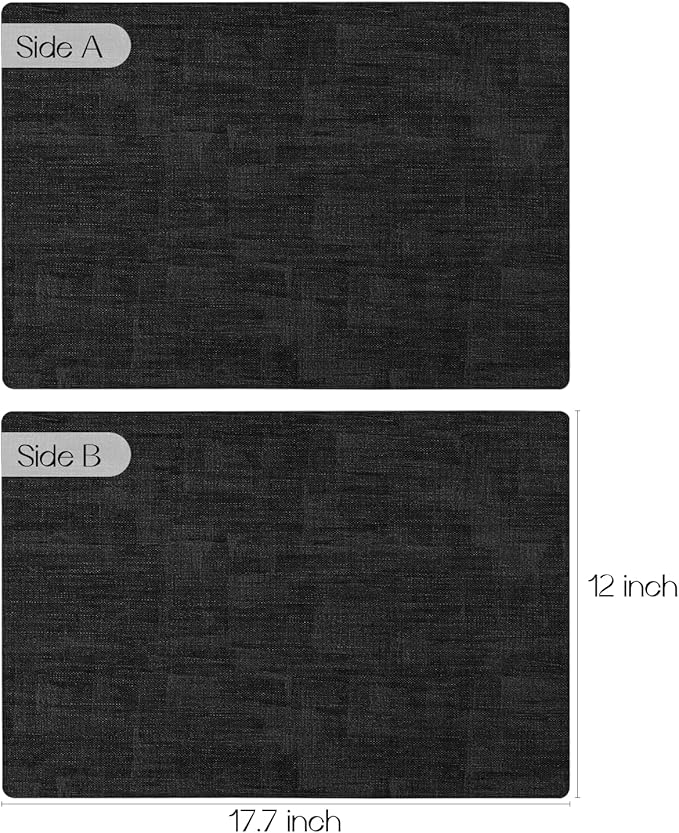 Romanstile Vinyl Placemats Set of 6-12x17 Inch, Reversible Waterproof Washable Non Slip Table Mats, Faux Leather Heat Resistant Wipeable Table Placemats for Dining/Party/Indoor/Outdoor, Black