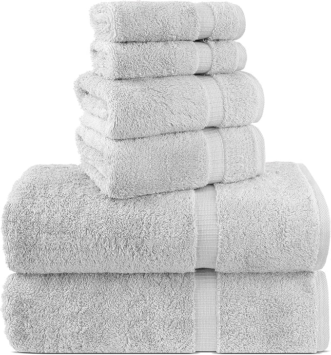 Chakir Turkish Linens 100% Cotton Premium Turkish Towels for Bathroom, 2 Large Bath Towels 36x60, 2 Hand Towels, 2 Washcloths (6-Piece Towel Set, Silver)
