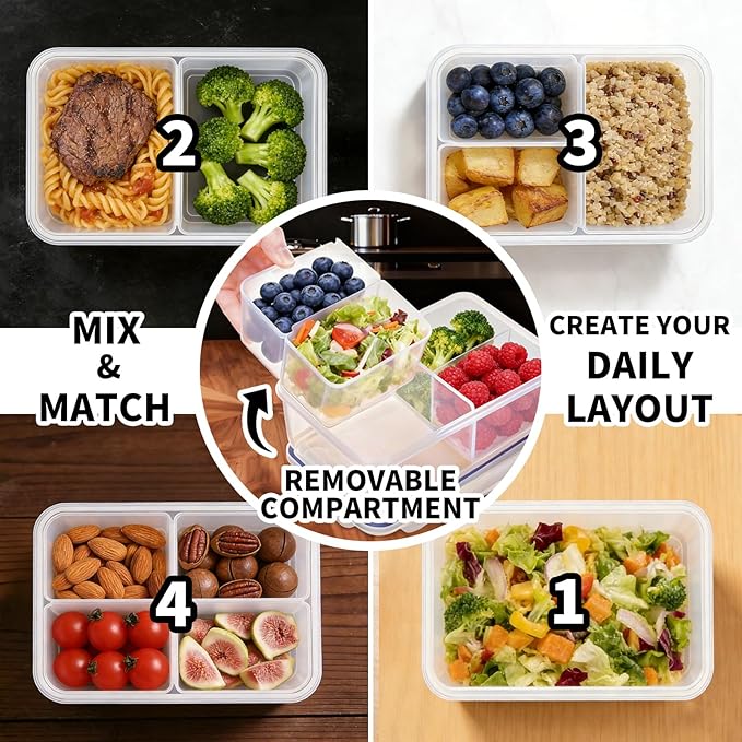 KIGI Meal Prep Containers for Adult Lunch & Snacks, Leak-Proof, BPA-free Plastic, Removable Divided Inserts, Airtight lids, 3 Compartment Food Storage, Microwave Safe, Bento Box, 4.7 Cup, 12 Piece Set