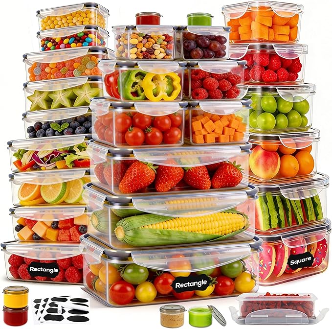 62PCS Thicker Food Storage Containers with Lids Airtight Leakproof, BPA Free Plastic Kitchen Food Storage Containers, Stackable Reusable Meal Prep Food Containers with Lids, Freezer Microwave Safe
