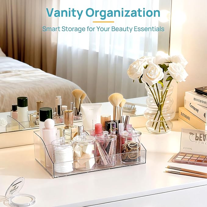 Vtopmart 6 PCS Bathroom Countertop Organizer, 1 Divided Tray with 4 Qtip Holder Jars and 1 Drawers, Restroom Clear Organizers for Toothbrush, Cotton Pads, Vanity Accessories Storage Set