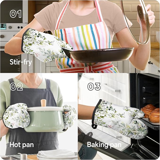 Eucalyptus Leaves Oven Mitts and Pot Holders Sets Sage Green Botanical Floral Kitchen Oven Gloves Hot Pads Farmhouse Potholders and Kitchen Mitts 4Pcs for Baking Cooking BBQ (White)