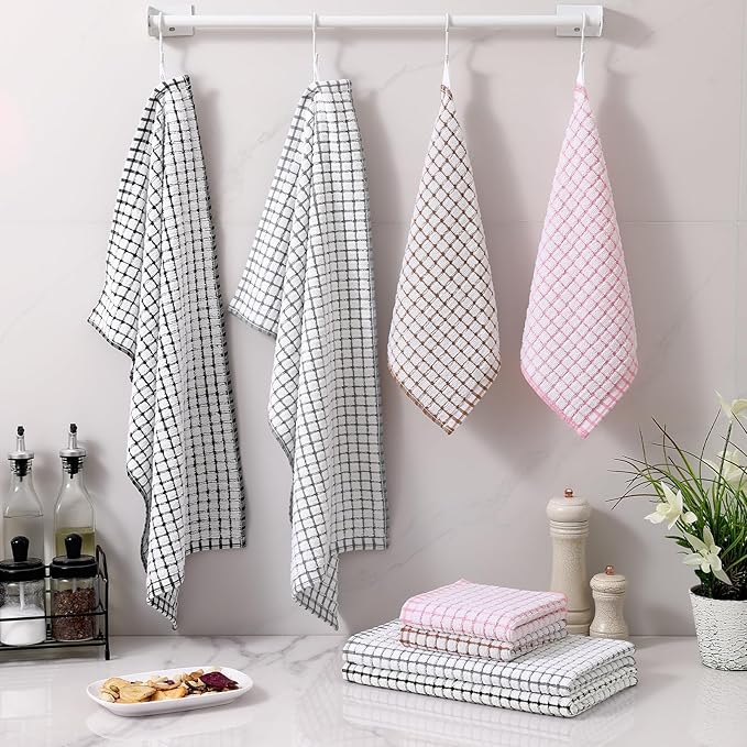 Homaxy Kitchen Towels and Dishcloths Set, 16 x 25 and 12 x 12 Inches, Set of 8 Cotton Terry Kitchen Dish Towels, Super Soft and Absorbent Dish Cloths, Black/Grey/Pink/Brown