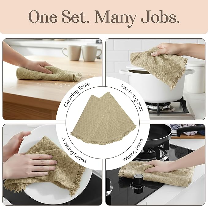 MosJos Kitchen Towels, Set of 4 Hand Towels, Sage Taupe Diamond Pattern Drying Towels 18 x 28 Super Absorbent Cotton Hand Cloths with Fringed Edges, Everyday Essentials Kitchen Linens