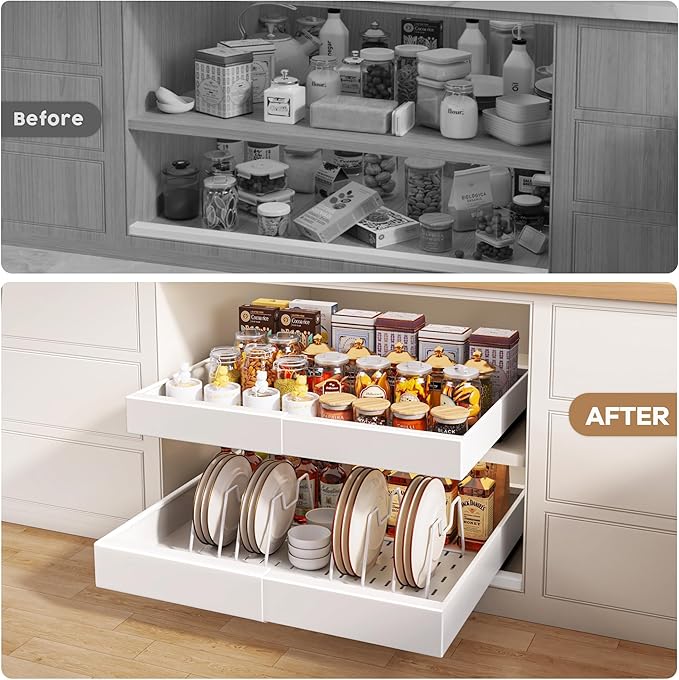 Seinloes 2 Pack Pull out Cabinet Organizer 21"Deep With Raising Pad for Framed Cabinets, Expandable Slide out Drawers for Kitchen Cabinets with 4pcs Divider Racks, Roll out Shelves 12.1"-20.4" W White