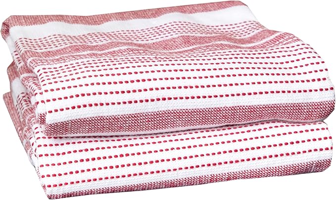 T-Fal Premium Dual-Sided Skipping Striped Kitchen Towels (2-Pack), 18" x 28", Highly Absorbent, Long-Lasting, Reversable 100% Flat-Weave Cotton Dish Towels, Hand Towels, Bar Towels, Paprika