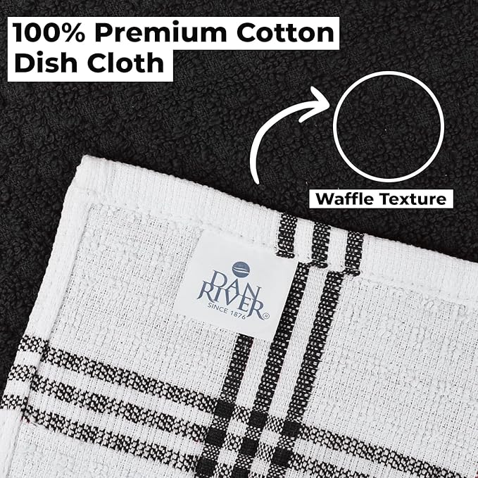 DAN RIVER Premium Dish Cloth 100% Cotton 12 X 12 Inches |Pack of 8|-Ultra Soft Tea Towels-Highly Absorbent Kitchen Rags-Terry Dishcloth for Kitchen and Household Cleaning |Black|