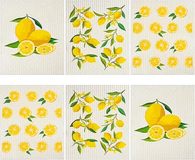 Boao Set of 6 Lemon Kitchen Dishcloths Cleaning Cloths Absorbent Cloth No Odor Reusable Dish Towel for Kitchen, Hand, Counter Wipes Practical Gifts