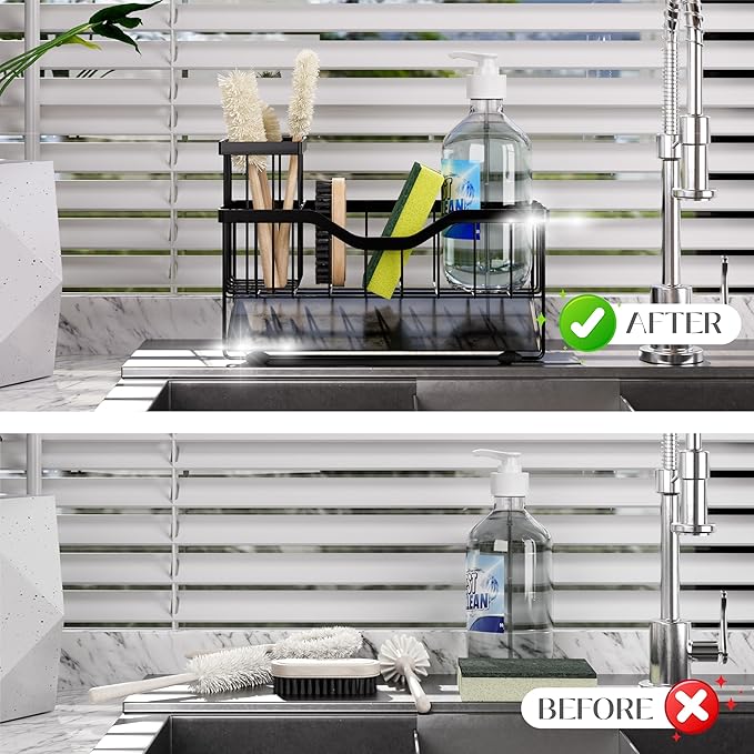 Small Kitchen Sink Caddy Organizer and sponge holder with Suction Cups for Sponge, Brush, Soap Dispenser. Stainless Steel, Minimalist Black, for Sink or Countertop