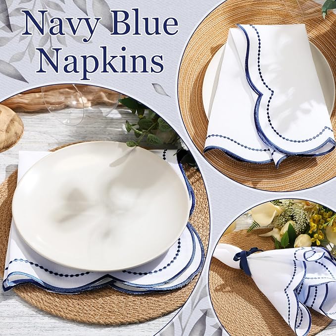 Hahafelt Cloth Napkins 18x18inches Scalloped Embroidery Cloth Napkins Washable Polyester Table Dinner for Hotel Restaurant Weddings Events Parties(Navy Blue,12 Set)