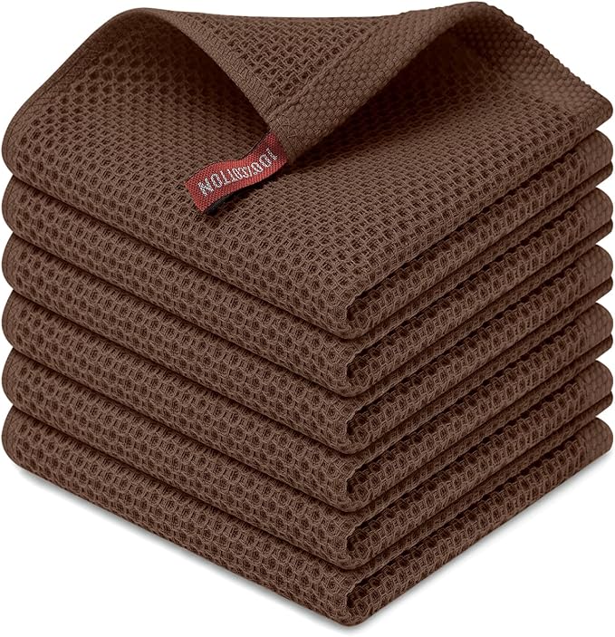 Kitinjoy 100% Cotton Kitchen Dish Cloths (12 X 12 Inches, Coffee), 6 Pack Waffle Weave Ultra Soft Absorbent Dish Towels for Drying Dishes Quick Drying Kitchen Towels Dish Rags