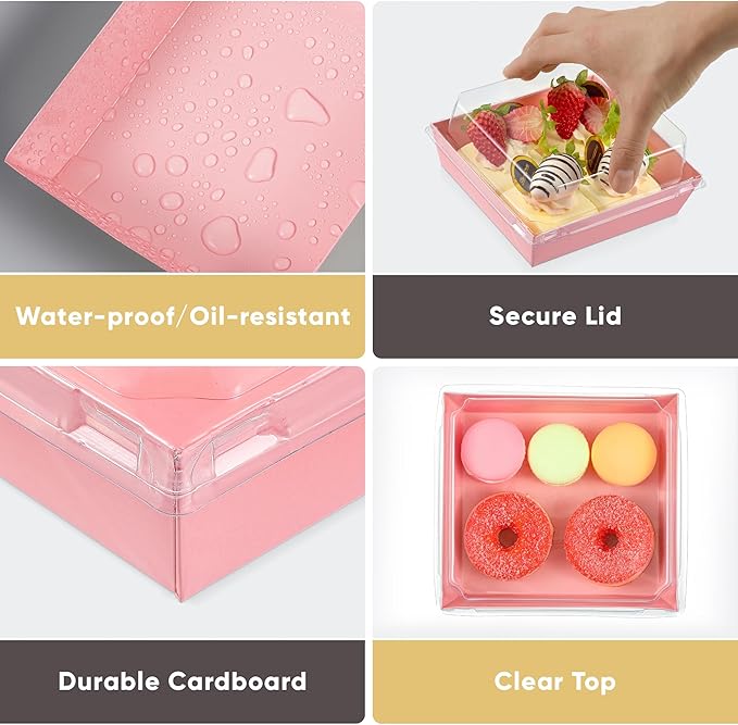 Leafiew 50 Pack Small Clear Treat Boxes - Dessert Boxes To Go - 5Inch Disposable Paper Mini Containers for Cookie, Cake Slice, Charcuterie, Bakery, Pastry, Strawberry, Baked Goods Packaging (Pink)