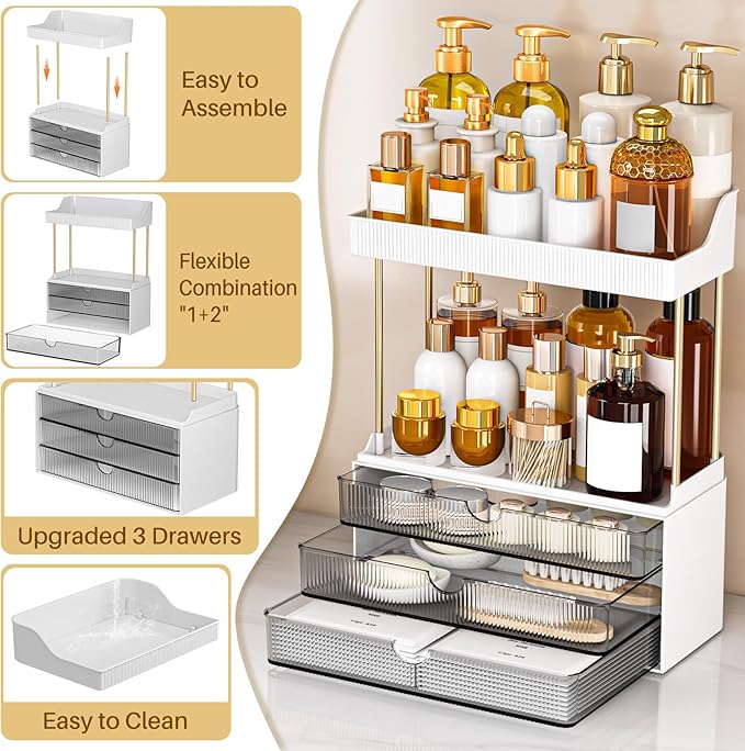 caktraie Bathroom Organizers and Storage - 3 Drawers 2 Tier Makeup Organizer, Cosmetic Storage Drawer for Dresser Countertop and Bathroom Vanity for Large Skincare, Perfume, Grey