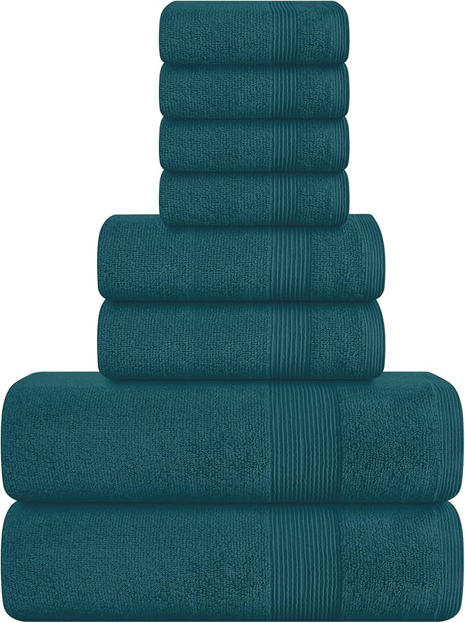 Belizzi Home 8 Piece Towel Set 100% Ring Spun Cotton, 2 Bath Towels 27x54, 2 Hand Towels 16x28 and 4 Washcloths 13x13 - Ultra Soft Highly Absorbent Machine Washable Hotel Spa Quality - Teal