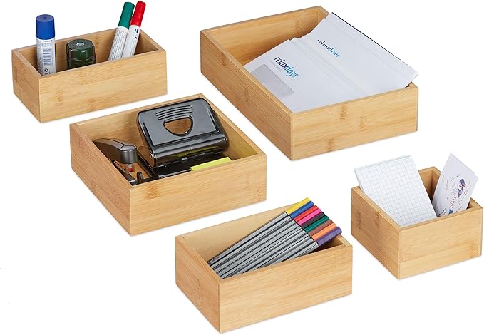 Relaxdays Organiser Boxes, Set of 5, Drawer Organiser System, Bamboo, Organiser, Kitchen, Bathroom & Office, Various Sizes, Natural