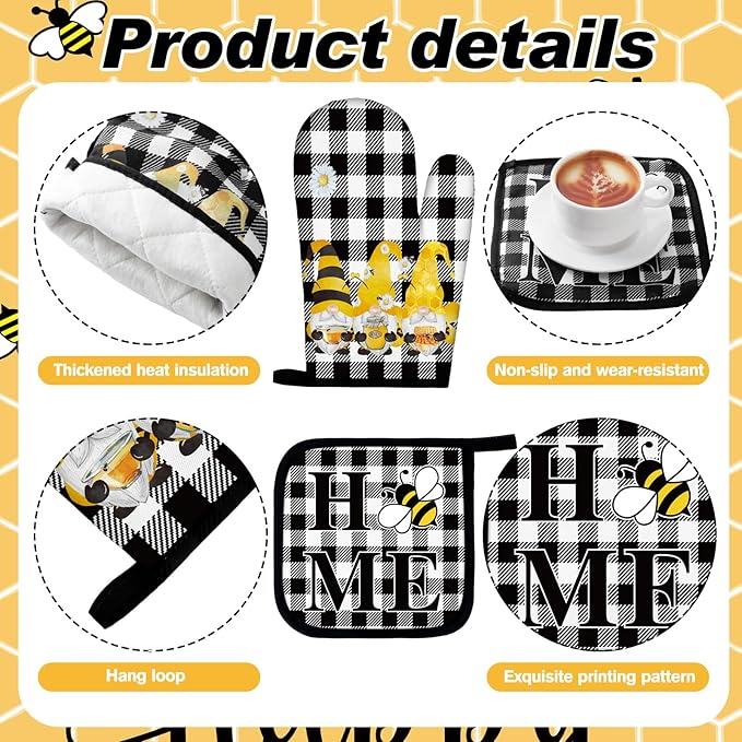 Fourluoo 10 Pcs Bee Kitchen Decor Sunflower Oven Mitts and Pot Holders Set Bee Dish Towels Rugs Mats Buffalo Plaid Farmhouse Kitchen Accessories for Chef Baking Cooking Grilling BBQ Women Home Gift