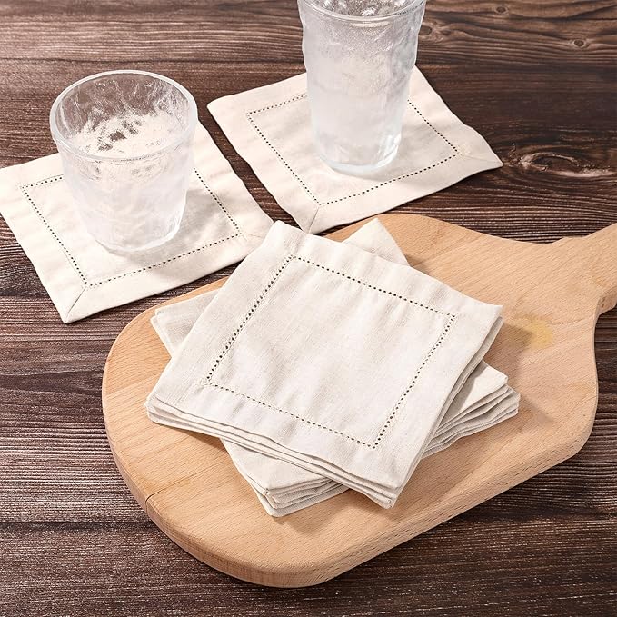 12pcs Linen Feel Cocktail Napkins, 6x6 Inch Reusable Cotton Cloth Serviettes Napkins Hemstitch Coaster Fabric for Wedding Birthday Baby Shower Party Home Table Bar Supplies (Natural)