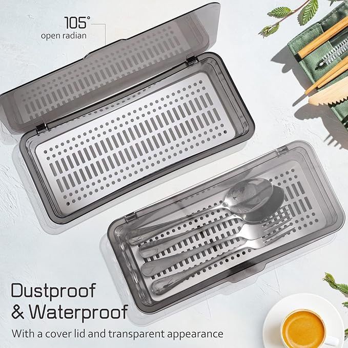 Cabilock Utensil Tray with Lid and Drain Rack, Dust-Proof Chopsticks Storage Boxes, Tableware Organizer Kitchen Cutlery Container Holder for Drawer, Table, Countertops, Cabinets