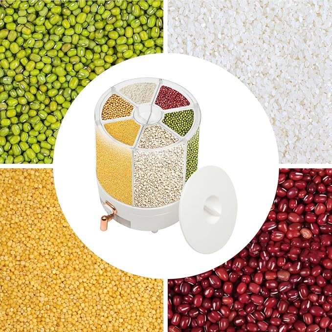 Large Cereal Containers Storage Rotating Rice Dispenser Dry Food Dispenser with 6 Compartments Kitchen Grain Storage Container Holder for Rice and Beans (White+Clear)