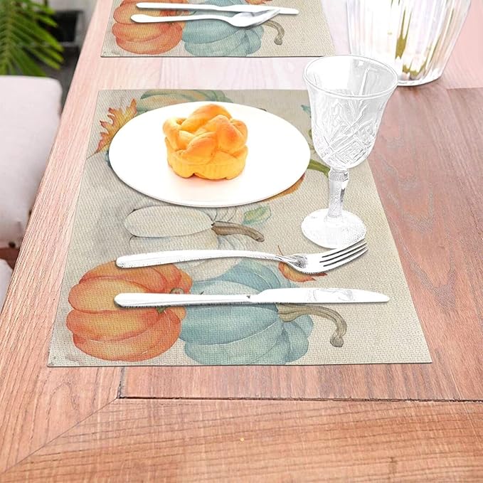 Fall Pumpkin Placemats 12x18 Inch Set of 4, Thanksgiving Watercolors Table Place Mat Maple Leaves Autumn Harvest Washable Table Mats Decorative Linen Fabric Table Mat for Dining Table