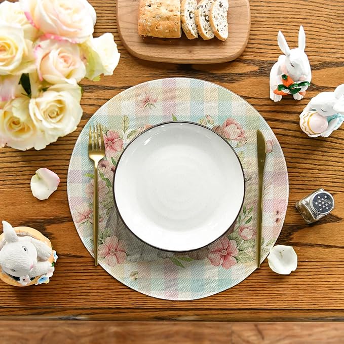 Artoid Mode Easter Round Placemats Set of 4, 14 Inch Colored Buffalo Plaid Bunnys Flowers Spring Round Table Mats for Easter Party Dining Decoration