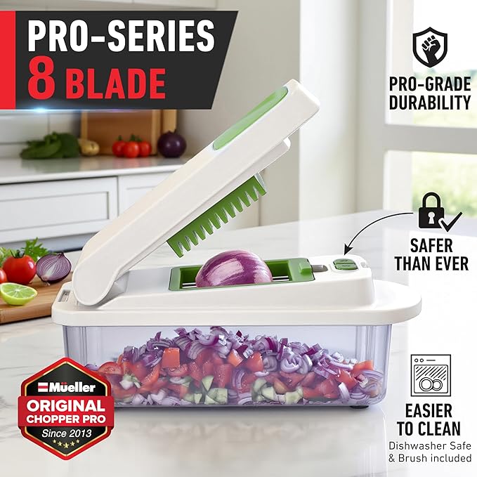 Mueller Pro-Series 10-in-1, 8 Blade Vegetable Chopper, Onion Mincer, Cutter, Dicer, Egg Slicer with Container, French Fry Cutter Potato Slicer, Home Essentials, Salad Chopper White Sand/Green