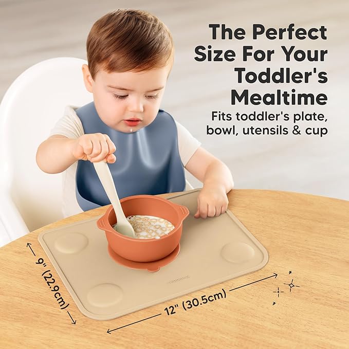 KeaBabies 2pk Silicone Placemats for Toddlers,Kids - 12x9 Non Slip Suction Baby Silicone Placemat for Restaurants,Dining Table,Travel,Easy to Clean,Food Grade/BPA-Free,Small Baby Table Mat(Terracotta)