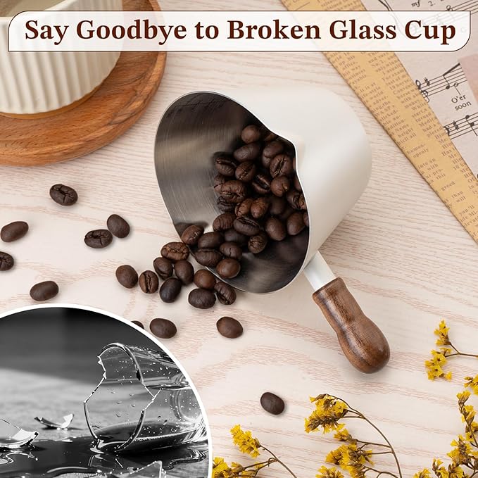 Amrules Espresso Cup, 6.8 oz/200 ml Stainless Steel Coffee Shot Measuring Cup with Wood Handle, Double V-Shaped Mouth and Clear Scale for Cappuccino Barista Coffee Bar Accessories, White