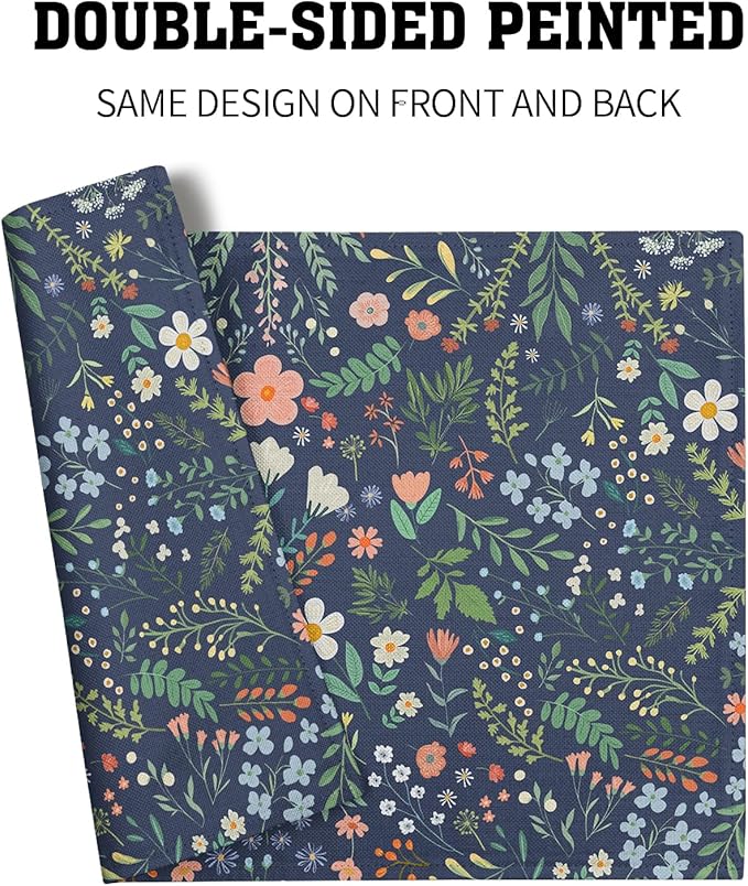 Giwawa Colorful Boho Flowers Placemats Set of 4 for Kitchen Dining, Navy Blue Rustic Floral Leaf Botanical Washable Linen Place Table Mat 12x18 Inches for Tabletop Seasonal Party Home Decor