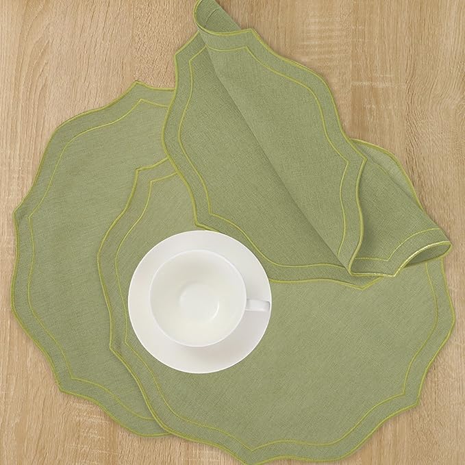Set of 8 Cotton Linen Placemats, 15x15 Round Scalloped Cloth Table Mats, Embroidery Machine Washable, Wrinkle Resistance Fabric Place Mats for Wedding Summer Baby Shower Party Table Decor-Green