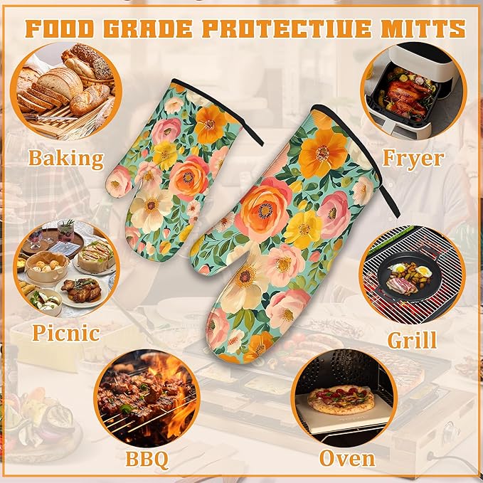 Vintage Pink Poppy Oven Mitts and Pot Holders,Floral Flower Heat Resistant Oven Mitts Gloves and Pot Holder for Home Kitchen Decorations Cooking Baking BBQ Gifts,Set of 4