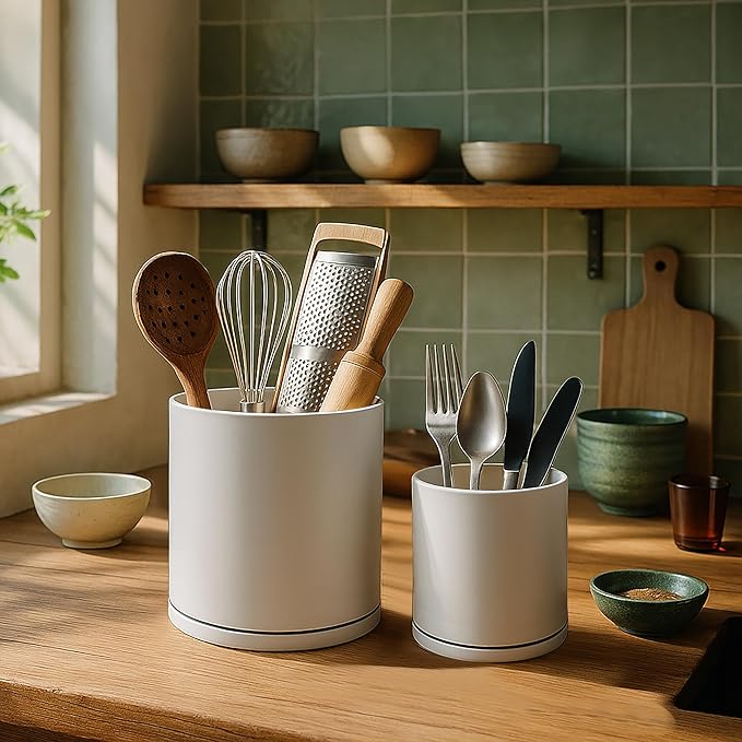D'vine Dev 360° Rotating Utensil Holder Set – 7.2"+5" Kitchen Utensil Crocks for Countertop, Modern Cooking Tool Organizers for Kitchen Storage +Décor, Oatmeal, Set of 2, 72-Z-D-1