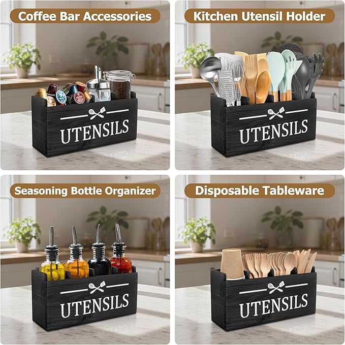 RedCall Extra Large Utensil Holder Organizer,4 Compartments Wooden Kitchen Tool Holder for Countertop,Rustic Farmhouse Utensil Organizer for Spatula Spoon Storage (Black-4)