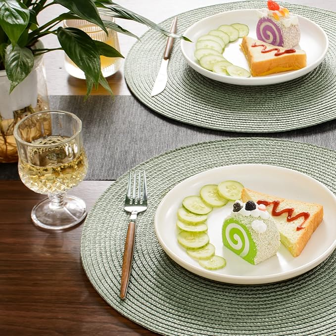 FunWheat Round Braided Placemats Set of 8 Place Mats for Dining Table Woven Washable Non-Slip Table Mats 15 Inch(Fog Green,8pcs)