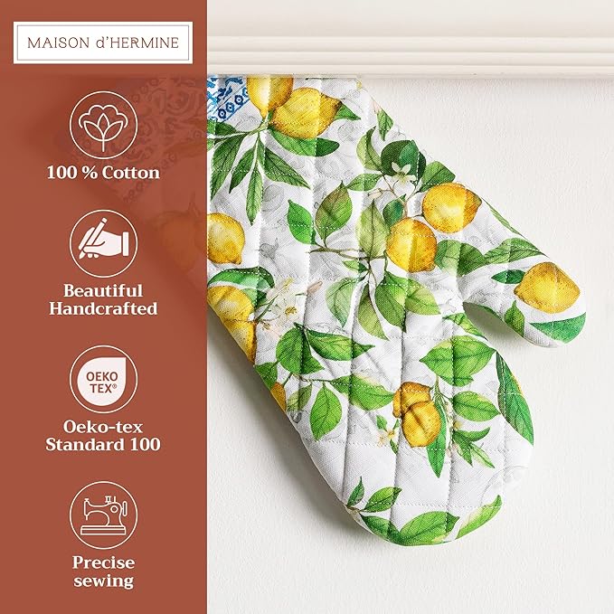 Maison d'Hermine Oven Gloves 100% Cotton Oven Mitt 7" x 13" with Loop Heat Resistant BBQ Cooking Gloves Baking Grilling Gifts for Mothers Day Spring/Summer (Pack of 1, Cedrat)