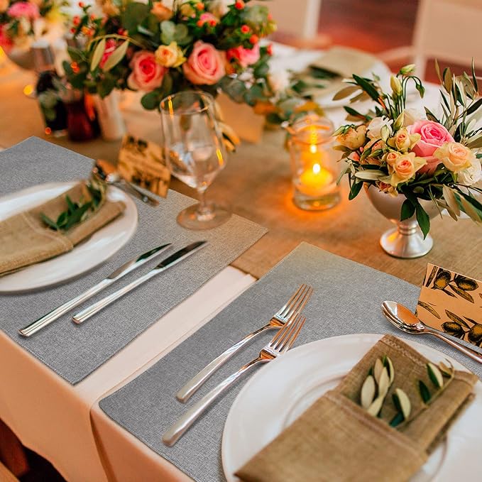 Sieral 12 Set Cloth Placemats Rectangle Dining Table Placemat Bulk 13 x 19 Inch Machine Washable Heat Resistant Cotton Linen Table Mats for Wedding Birthday Party Supplies(Light Grey)