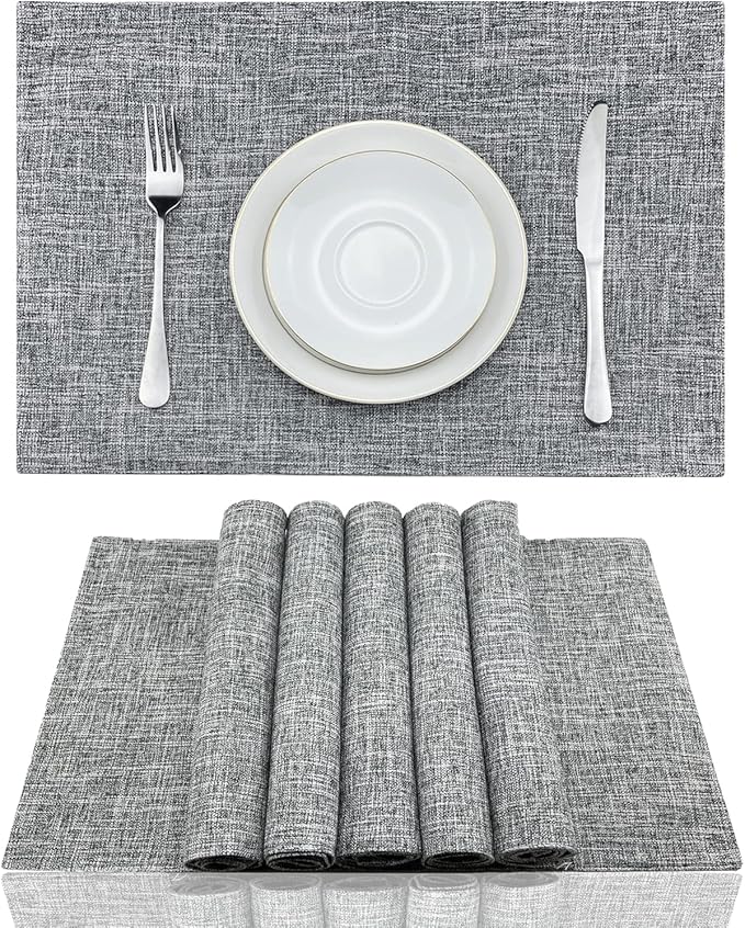 Weabetfu Cloth Placemats Set of 8 Heat Resistant Dining Table Placemmats Cotton Linen Machine Washable Kitchen Table Mats Wrinkle Free Thick Fabric Place Mat,Easy to Clean,13"x19" Mottled Grey w/Brown