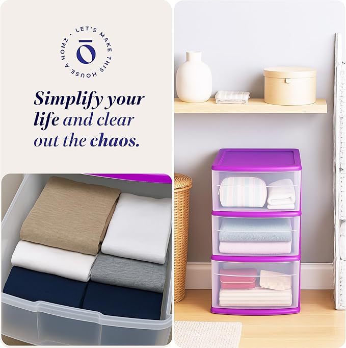 HOMZ Drawer Tower, 3-Tier Clear Plastic Storage Organizer Cart, Purple Frame - Rolling Drawer Containers with Wheels for Bathroom, Bedroom, Office, and Classroom Organization