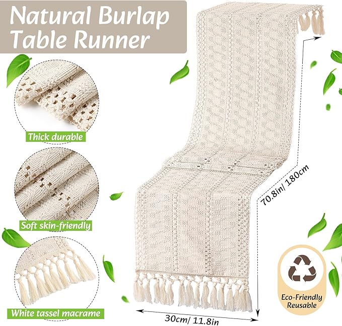 Boho Placemats 4/6/8 Set of Round Woven Placemat Macrame Style Bicolor Stitching Long Table Runner Farmhouse Rustic Natural Burlap Cotton for Kitchen Dining Table(6 Sets,Beige,12x72)