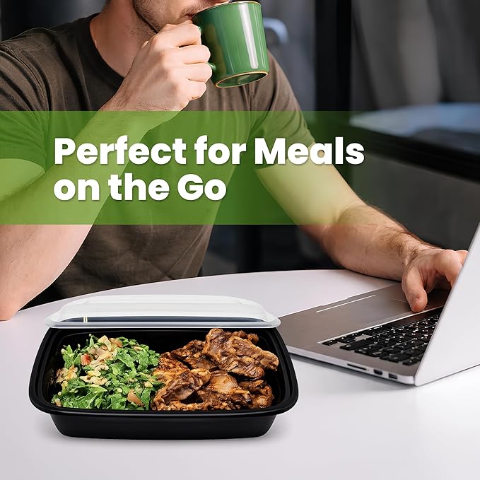 Uni-Pak Meal Prep Containers with Lids, Reusable 32oz Rectangle Food Storage, Sturdy Leakproof, Microwave Freezer Dishwasher Safe, To-Go Takeout Plastic Containers, 50 Pack (100-Piece) – 60816 60816