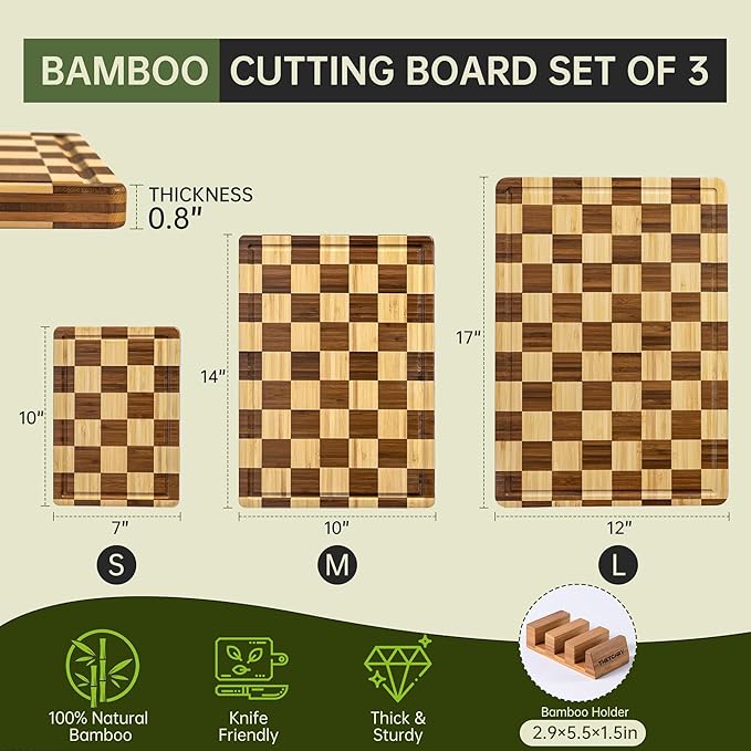 3 Pack Checkered Bamboo Cutting Board Set, Decorative End Grain Thick Wood Cutting Board, Crack-Resistant, Heavy Duty Non-slip Chopping Boards, Aesthetic Serving Trays for Home Decor, Gift