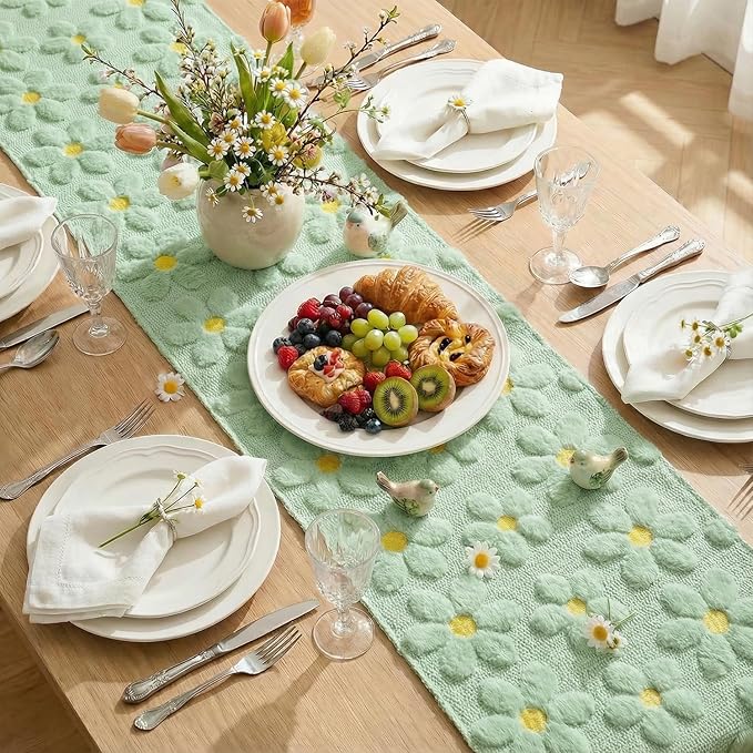 Artoid Mode Green Soft Plush Faux Fur Jacquard Embroidery Daisy Spring Table Runner, Kitchen Dining Table Decoration for Home Party Decor 13x108 Inch