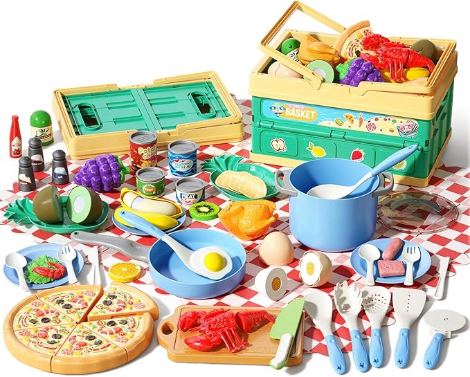 80Pcs Kitchen Playset, Toddler Pretend Cooking with Pots, Pans, Cookware, Food, Picnic Blanket, Fruits, Veges, Shopping Storage Basket, Dessert , Learning Gift for Girls Boys (Blue)